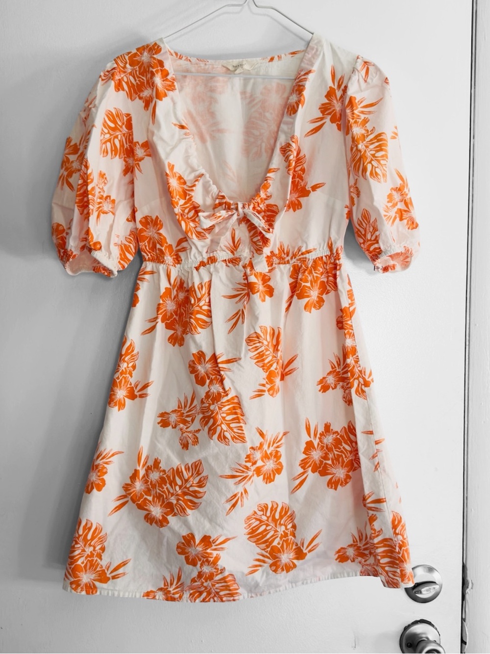 Sim & Sam Orange Tropical Floral 100 Cotton Mini Dress Size M Puff Sleeve Lined